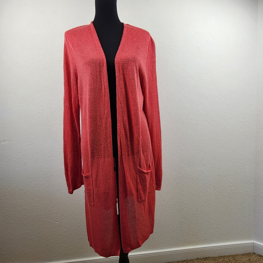 J.Jill Red Linen Open Front Long Cardigan Sweater L Coral Pink